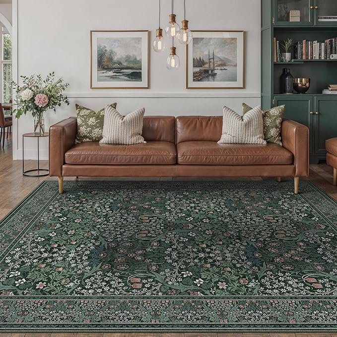 HUGEAR Vintage Floral Machine Washable 5x7 Area Rugs Green Living Room Bedroom Rug Retro Neutral Stain Resistant Non Slip Low Pile Throw Carpet for Office Dining Aesthetic Modern Decor