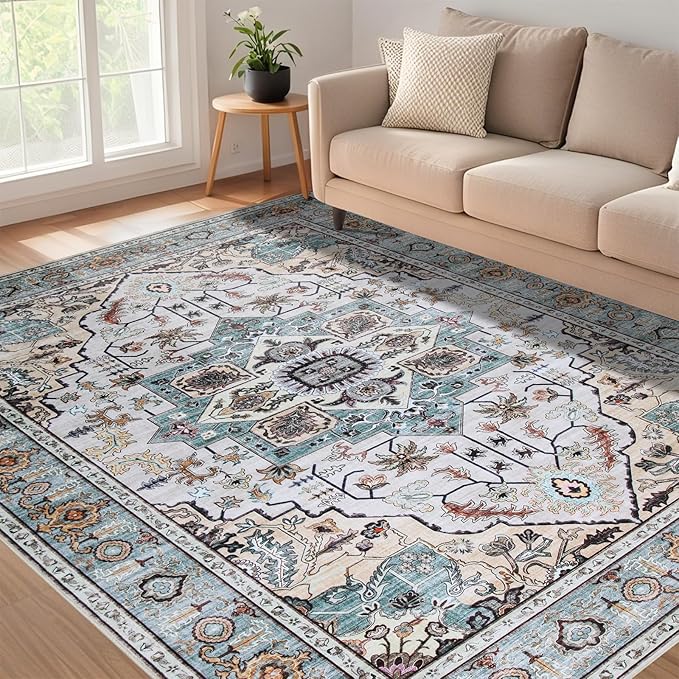 WILLSUN Washable Area Rugs, 6x9 Non-Slip Boho Large Area Rugs for Living Room, Bedroom, Machine Washable Vintage Rug, Indoor Floral Print Carpet for Home Decor, Kid & Pet Friendly Mat