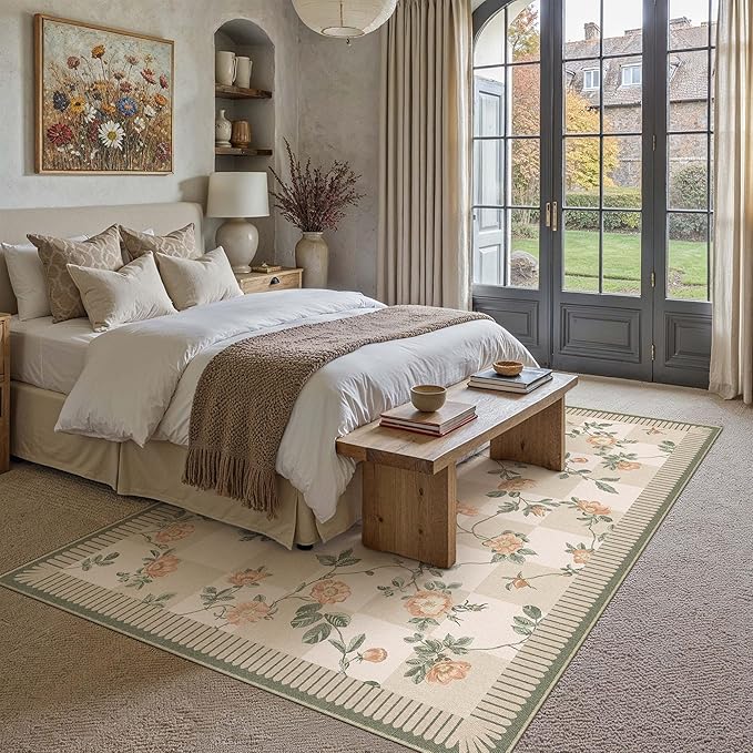 HUGEAR 6x9 Checkered Area Rugs Machine Washable Beige Living Room Rug Floral Print Non-Slip Stain Resistant Low Pile Indoor Throw Carpet for Bedroom Home Unique Aesthetic Modern Decor
