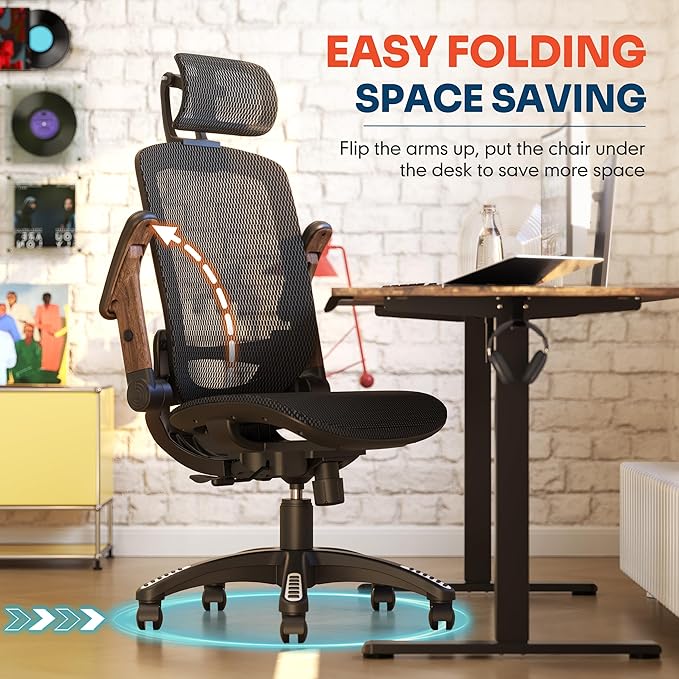 GABRYLLY Ergonomic Office Chair, High Back Home Desk Chair with Headrest, Flip-Up Arms, 90-120° Tilt Lock and Wide Cushion, Big and Tall Mesh Chairs for Man Woman, Black Task Chair(Dark Woodgrain)