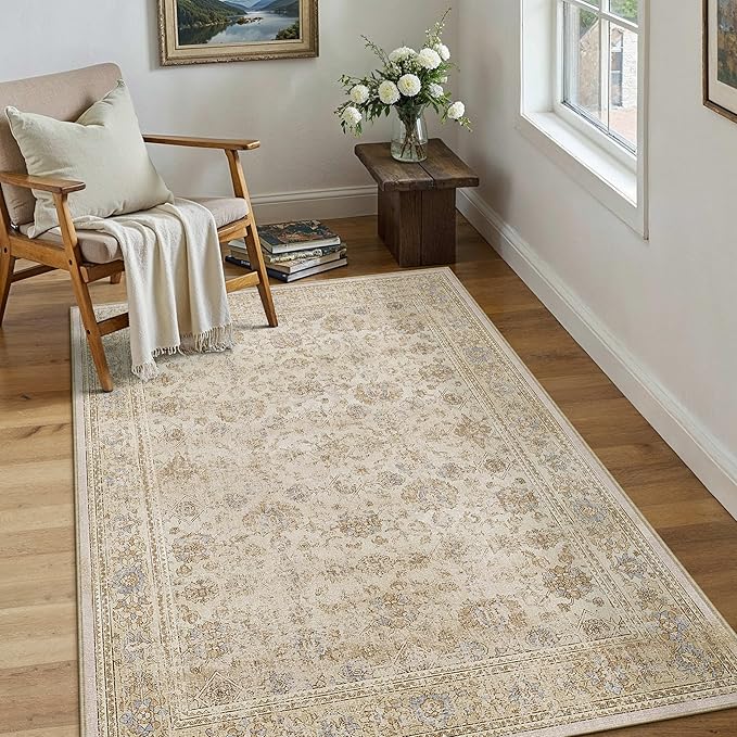 HUGEAR 3x5 Entryway Area Rug Beige Vintage Small Rug Machine Washable Door Mat Retro Floral Low Pile Carpet Vacuumable Distressed Throw Rug Entrance Kitchen Bedroom Bathroom Non Slip Lightweight