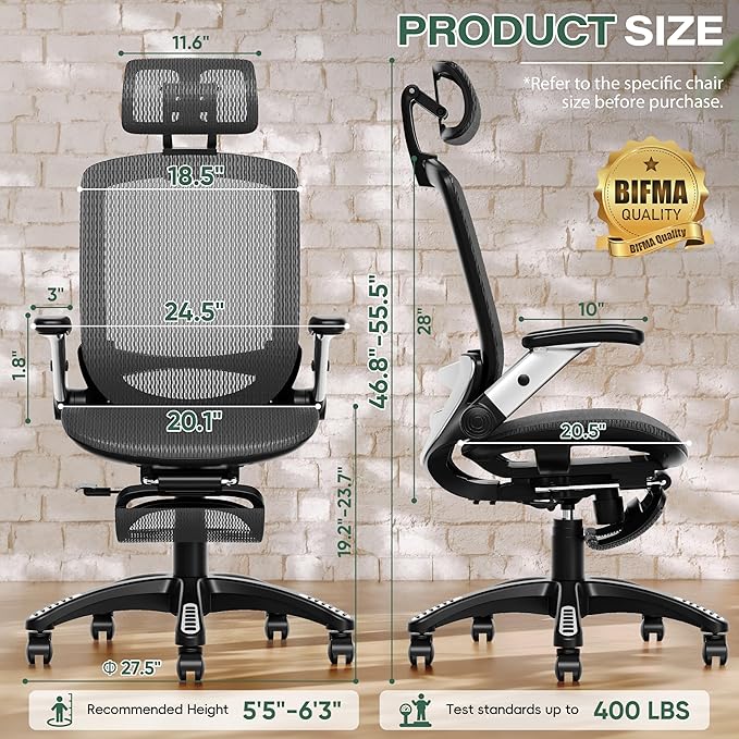 GABRYLLY Ergonomic Office Chair with Footrest, High Back Home Desk Chair - 3D Headrest, Flip-Up Arms, 135° Tilt and Wide Cushion, Heavy Duty Mesh Chairs for Task Computer Gaming,GYB01-FT