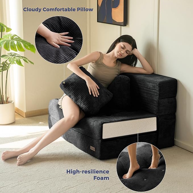 MAXYOYO Convertible Sofa Bed, Fold Out Sleeper Sofa with Pillow, 4 in 1 Tufted Folding Couch Bed Foam Floor Couch, Lazy Chair for Living Room Bedroom Guest Room, Black