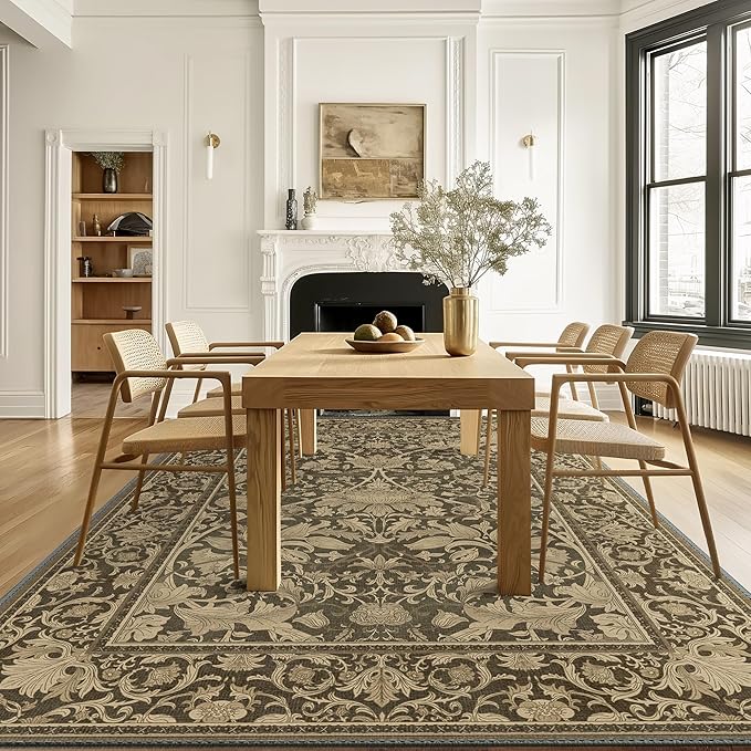 Bavni 5x7 Area Rugs, Vintage Style Thin Rugs for Living Room Bedroom Dining Room, Low Pile Lightweight Non Slip Machine Washable Rug, Aesthetic Floral Pattern Print Home Decor Elegant Black Gold Rug