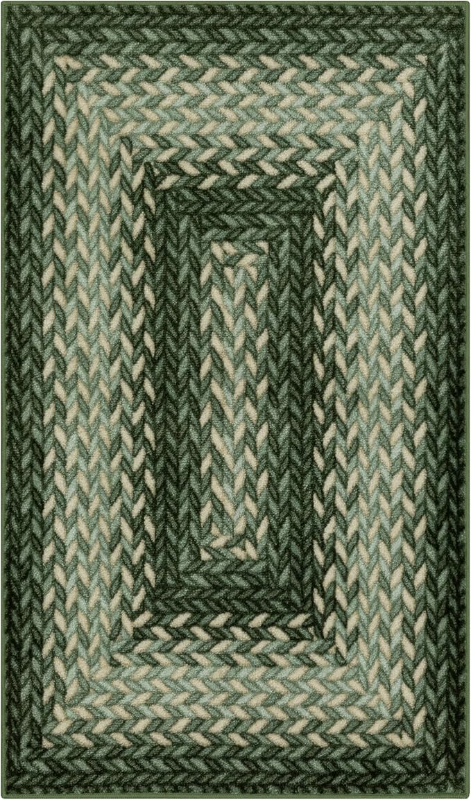 Maples Rugs Marion Bohemian Braided-Style Print Area Rug ??Made in USA ??Washable, Non-Slip Low-Profile Indoor Throw Rug for Foyer, Kitchen & Bathroom, 34" x 20", Green