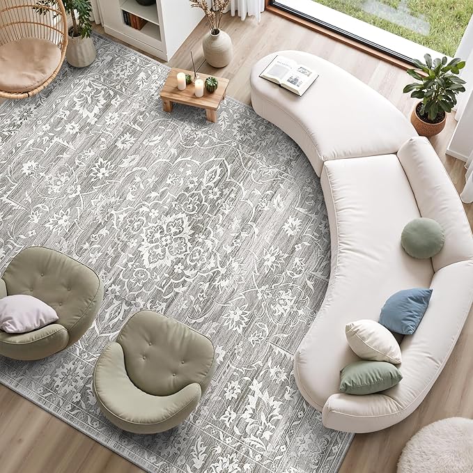 Living Room 10x14 Area Rugs, Washable Low Pile Non-Slip Stain Resistant Extra Large Thin Rug, Vintage Soft Throw Carpet for Dining Room Bedroom Farmhouse Home Office Decor Grey