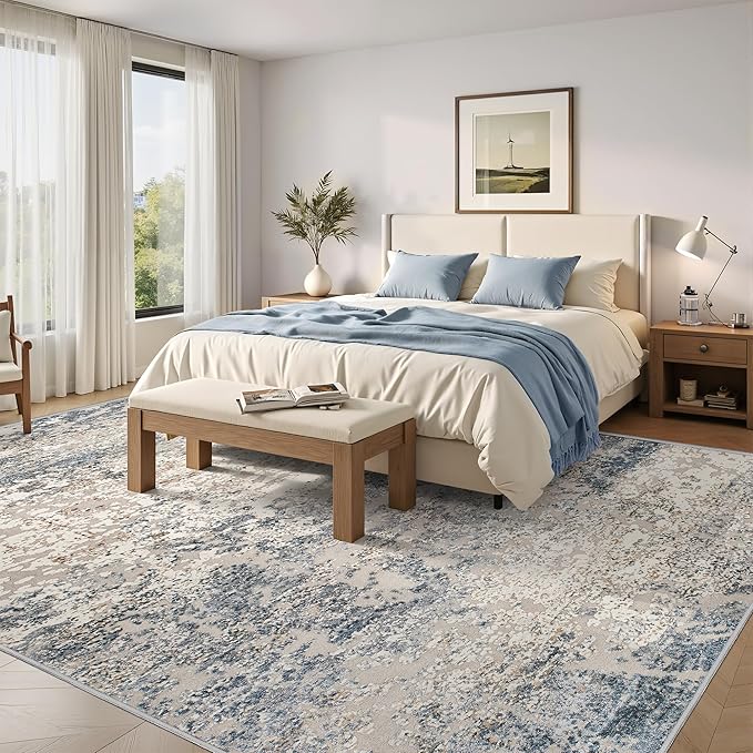 Art&Tuft Washable Rug, Anti-Slip Backing Abstract Area Rug 6x9, Stain Resistant Rugs for Living Room, Foldable Machine Washable Area Rug (TPR18-Blue, 6'x9')