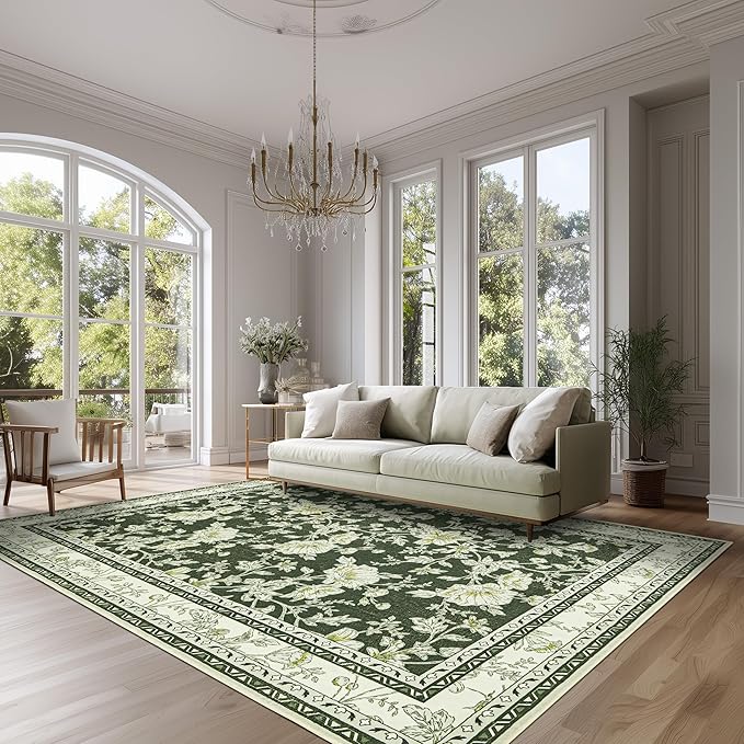 Olive Green Floral Print Area Rugs for Bedroom Living Room Boho Farmhouse Country Rustic Dining Room Carpet Soft Washable Rugs Non Slip Floor Covering for Nursery Playroom 6x9
