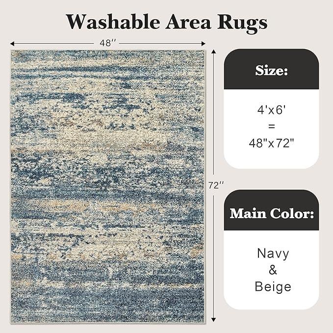 Art&Tuft Washable Rug, Anti-Slip Backing Abstract 4x6 Rug, Stain Resistant Rugs for Living Room, Foldable Machine Washable Area Rug (TPR19-Navy, 4'x6')