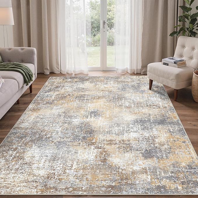 Bavni 8x10 Area Rugs Machine Washable Rug for Living Room, Modern Printed Rug Indoor Soft Area Rug for Bedroom Dining Room, Ultra-Thin Low Pile Carpet with Non Slip Rubber Backing, Ocher Gray