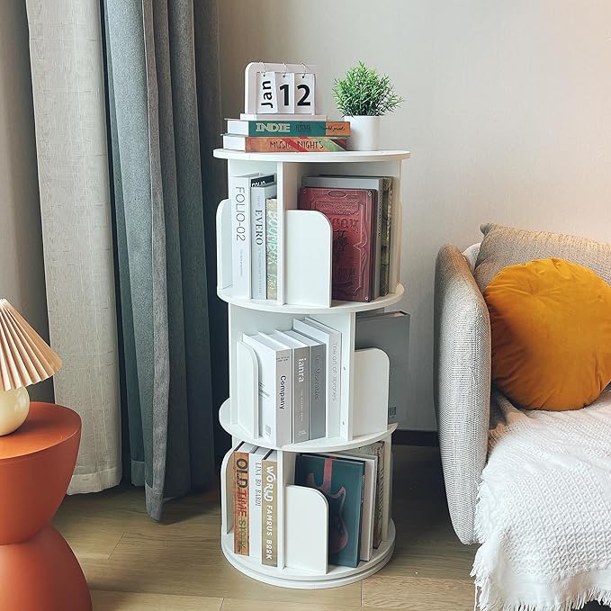 Heehee Wooden Rotating Bookshelf 360 Display Floor Standing Bookcase Storage Rack for Kids&Adults Multi-Functional Bookshelf Organizer (White (3-Tier))