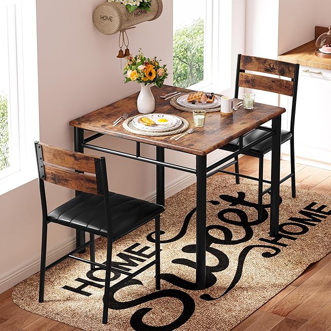 IRONCK Dining Table Set for 2, Small Kitchen Table with Upholstered Chairs Dinning Table Set for Kitchen & Dining Room, Compact Dining Set for Small Spaces, Rustic Brown