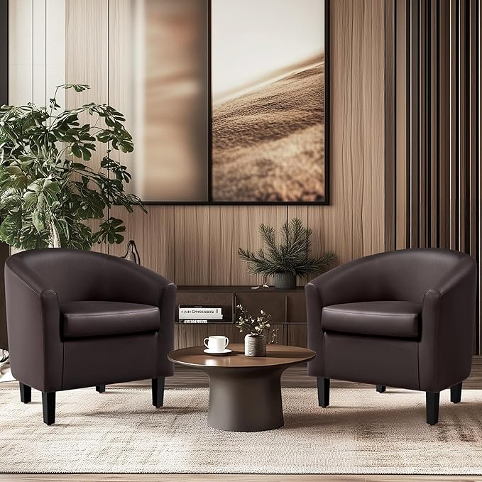 Yaheetech PU Leather Accent Chairs, Modern Barrel Chairs Side Chairs, Comfy Club Chairs with Soft Padded, 2 Chairs for Living Room/Bedroom/Reading Room, Espresso, Set of 2