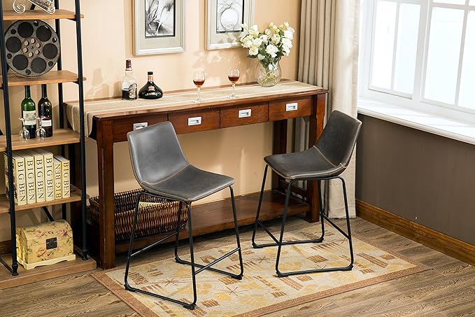 Roundhill Furniture Lotusville Vintage PU Leather Counter Height Stools, Antique Gray, Set of 2