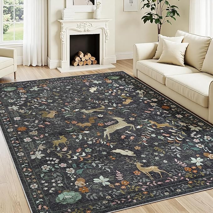5x7 Area Rugs Washable Rug: Lagre Boho Living Room Rug Soft Non-Slip Thin Carpet Indoor Floor Non-Shedding Neutral Floral Carpets for Bedroom Dining Room Farmhouse Nursery Black