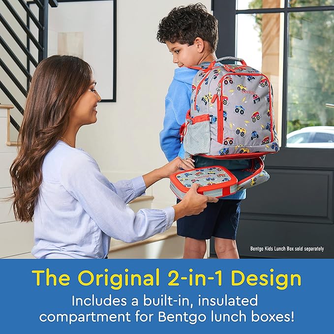 Bentgo Kids 2-in-1 Backpack & Insulated Lunch Bag - Durable 16” Backpack & Lunch Container in Unique Prints for School & Travel - Water Resistant, Padded & Large Compartments (Trucks)