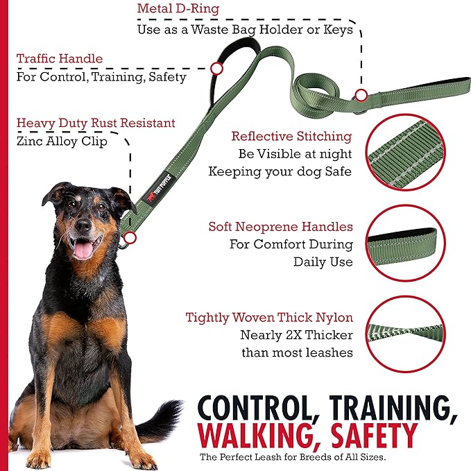Tuff Pupper Heavy Duty Double Handle Leash with Twist Lock Carabiner Clip | Safety Lock for Strong Dogs | Reflective for Night Walks | 6ft for Medium & Large Dogs