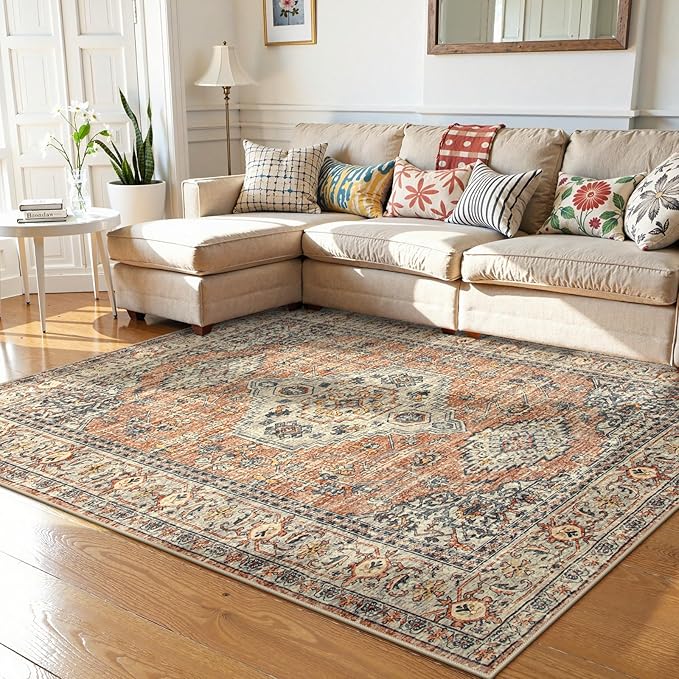 Lahome Oriental Washable Rugs 5x7, Soft 5x7 Rug for Bedroom Living Room, Ultra-Thin Non Slip Stain Resistant Vintage Throw Carpet for ?랣ining Room Office, Peach/Orange
