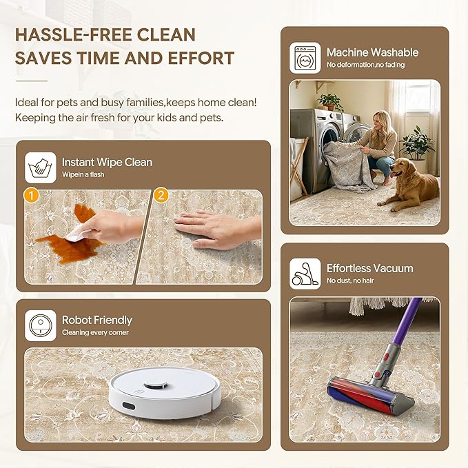 HUGEAR Entryway Machine Washable Area Rugs 2x3 Vintage Beige Brown Small Neutral Style Non Slip Stain Resistant Low Pile Throw Carpet for Hallway Kitchen Retro Aesthetic Modern Decor