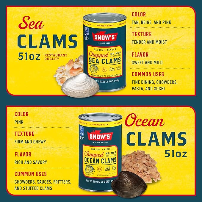 Snow's Ocean Chopped Clams Canned, 51 oz Can - 7g Protein per Serving - Gluten Free, No MSG, 99% Fat Free - Great for Pasta & Seafood Recipes