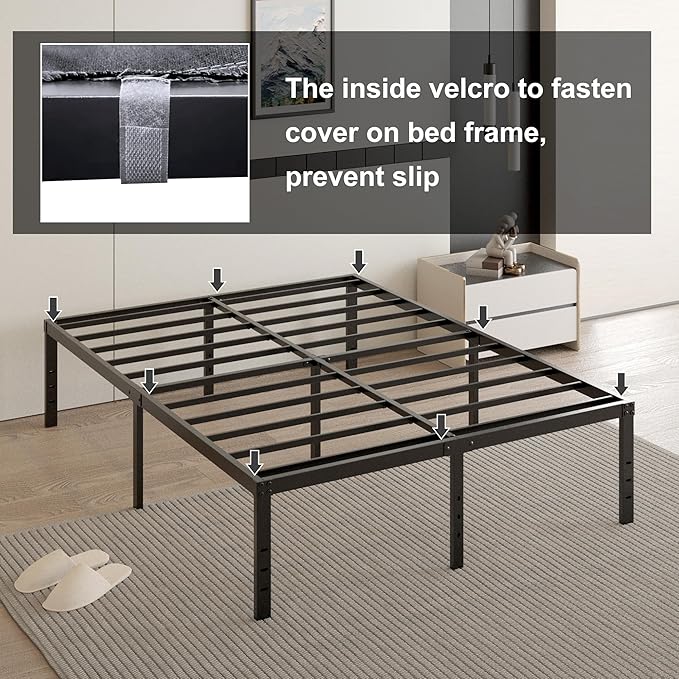 18 Inch Full Size Bed Frame with Black Bed Cover, Metal Bed Frame Full Size No Box Spring Needed, Heavy Duty Mattress Foundation, Easy Assembly, Noise Free