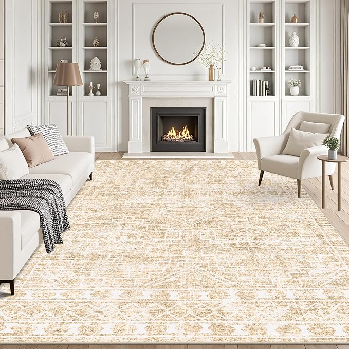 9x12 Area Rugs Living Room Rug: Washable Rug Neutral Lagre Soft Thin Carpet Indoor Floor Non Slip Boho Geometric Moroccan Carpets for Bedroom Dining Room Farmhouse Nursery Office - Beige