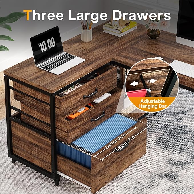 Tribesigns L-Shaped Computer Desk with 3 Drawers, Reversible Corner Home Office Desk with Shelves, 53-Inch Industrial PC Desk Study Writing Table Workstation for Small Space, Rustic Brown