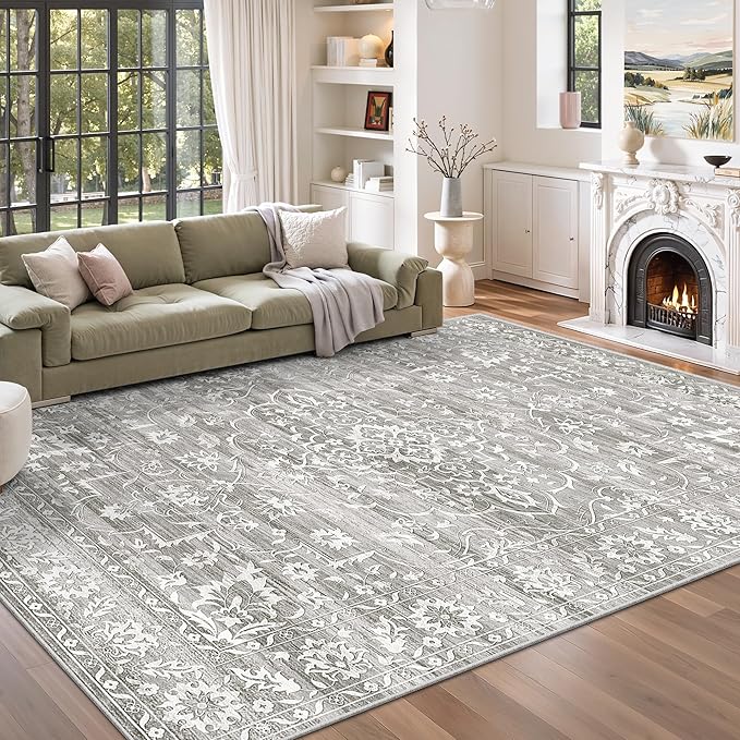 5x7 Area Rugs for Living Room, Washable Vintage Floral Non-Slip Low Pile Natural Rug Soft Throw Carpet for Dining Room Bedroom Home Office Nursery (Grey, 5'x7')