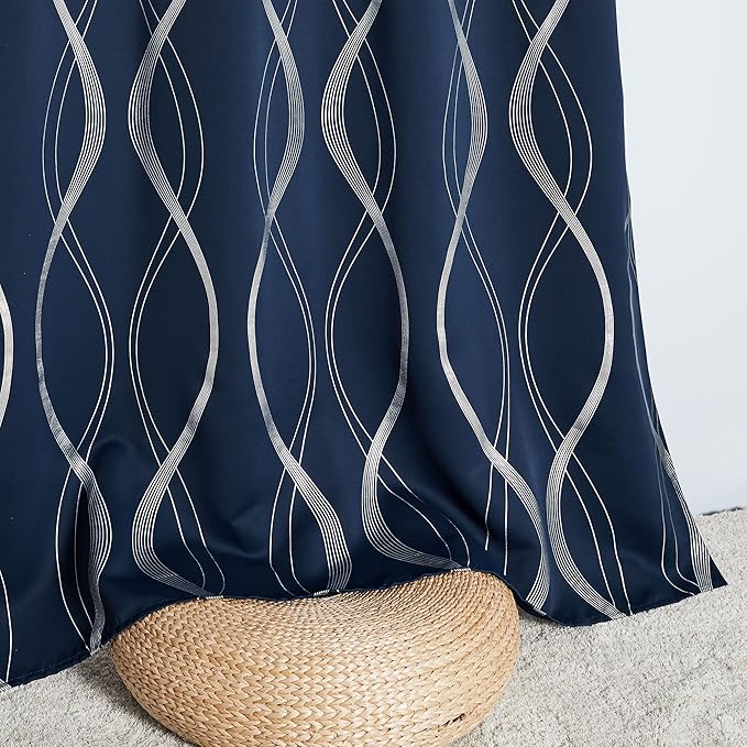 NICETOWN Blackout Curtains 63 inches Long for Bedroom, Thermal Insulated Solid Grommet Top Foil Printed Wave Lines Blackout Panels/Draperies for Boys Kid's Room (Navy Blue, 1 Pair, 52 inch Width)