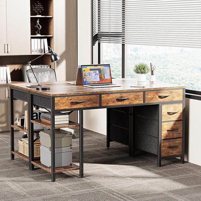 Huuger Computer Desk with 6 Drawers, 47 Inch Office Desk with Shelves, Reversible Gaming Desk, Corner Desk with Storage, Work for Home Office, Study, Living Room, Rustic Brown