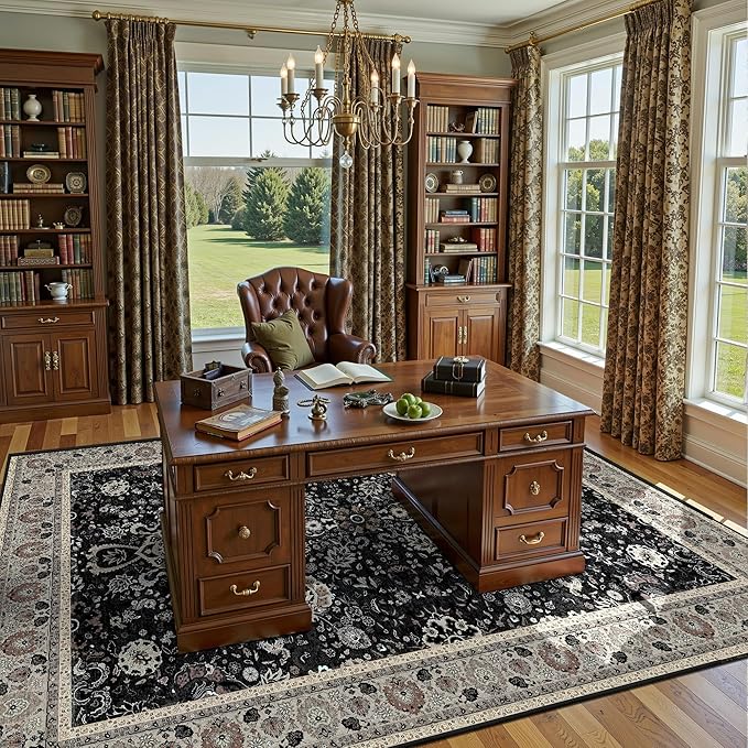 Deerly 6x9 Vintage Rugs for Dining Room, Washable Rugs Non Slip Large Area Rug for Living Room Bedroom Office, Floor Decoration Big Rug Mat Low-Pile Kid & Pet Friendly(Blcak Navy Multi
