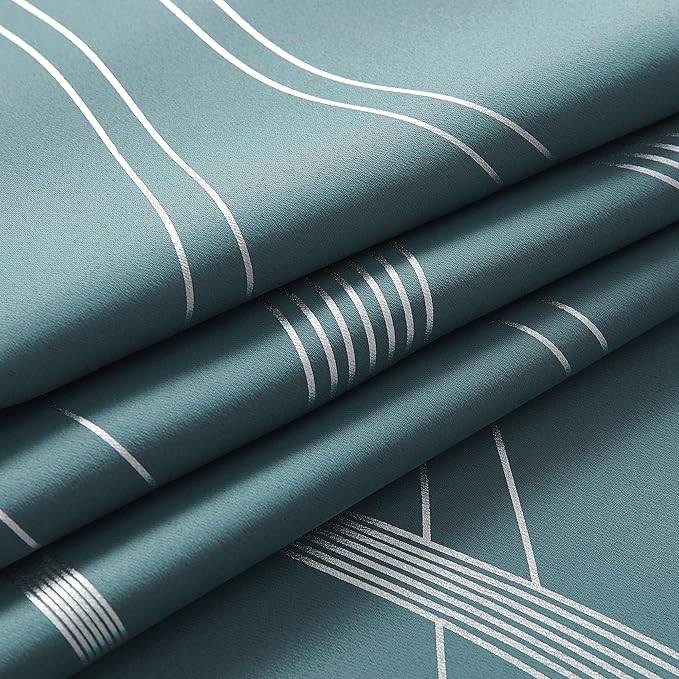 NICETOWN 100% Blackout Curtains Panels for Living Room, Greyish Blue, 52" Wide x 63" Long, 2 Panels, Sound Reducing Thermal Insulated Wave Line Foil Print Design Curtains for Patio Sliding Glass Door