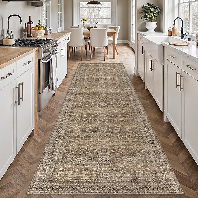 HUGEAR 2'6''x12' Runner Rug Hallway Vintage Brown Machine Washable Retro Floral Low Pile Carpet Vacuumable Distressed Long Throw Rug Bedroom Office Bathroom Kitchen Laundry Non Slip Soft Lightweight