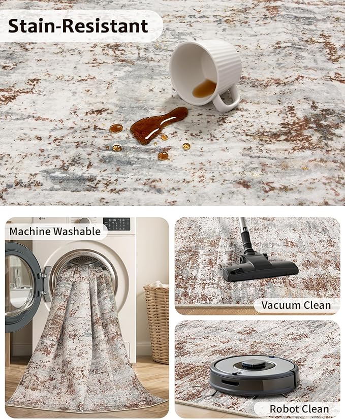 Art&Tuft 9x12 Area Rugs, Stain Resistant Abstract Area Rugs 9x12 Living Room, Foldable Large Washable Area Rug(9'x12', Rust)