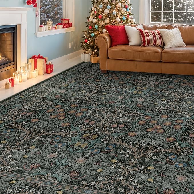 Dining Room Rugs for Under Table - 6x9 Washable Dark Green Oriental Area Rug for Living Room, Low Pile Non-Slip Floor Carpet for Bedroom - Vintage Design & Stain Resistance (6x9 Dark Green)