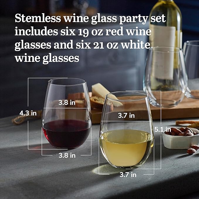 Libbey Signature Kentfield Stemless Red and White Wine Glasses Set of 12, Elegant, Dishwasher Safe Wine Glass Set for Birthdays, Weddings & More