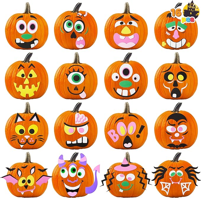 JOYIN 16 Packs Halloween Pumpkin Decorating Stickers Foam Craft Kit, Halloween Party Favors for Kids, Party Supplies Arts Activities, Jack O Lantern Face Sticker School Games Gifts