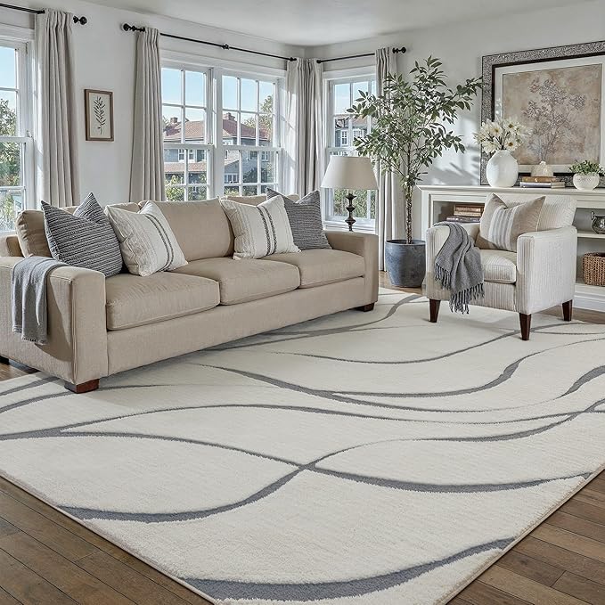 HUGEAR Shag Area Rug 8x10 Grey & Ivory Washable Living Room Bedroom Rug Non Slip Non-Shedding Soft Plush Medium Pile Large Throw Carpet for Home Office Aesthetic Modern Decor