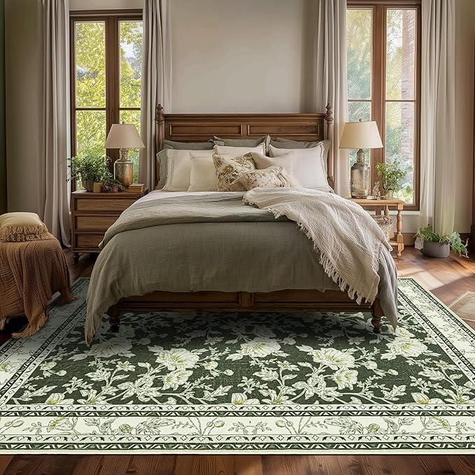 Olive Green Floral Print Area Rugs for Bedroom Living Room Boho Farmhouse Country Rustic Dining Room Carpet Soft Washable Rugs Non Slip Floor Covering for Nursery Playroom 6x9
