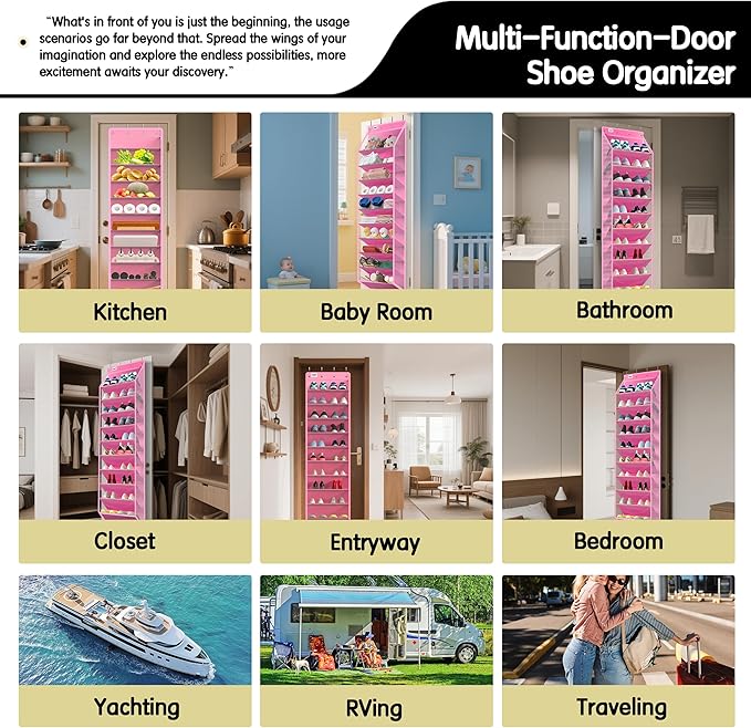 10 Tier Over The Door Organizer - Heavy Duty Hanging Storage Rack with Sturdy Oxford Fabric, Holds 20+ Pairs of Footwear, Boots & Sneakers, Saves 50% Closet Space! (Pink)