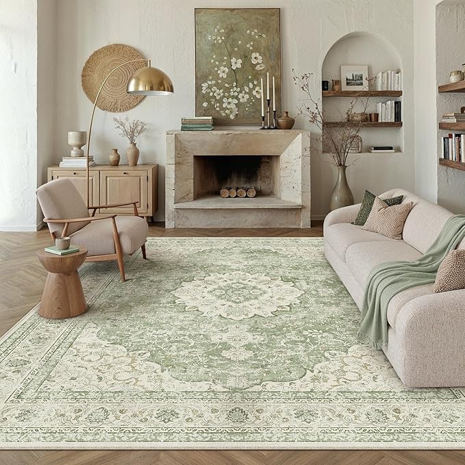 8x10 Green Washable Vintage Area Rug for Living Room Bedroom Soft Tranditional Non Slip Large Throw Rug Lightweight Floral Low Pile Distressed Carpet Office Playroom Home Decor