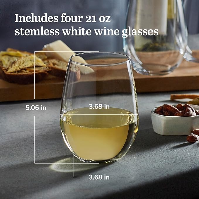 Libbey Signature White Wine Glasses Set of 4, Elegant, Dishwasher Safe Stemless White Wine Glasses, Elegant Wine Glasses for Weddings, Birthdays