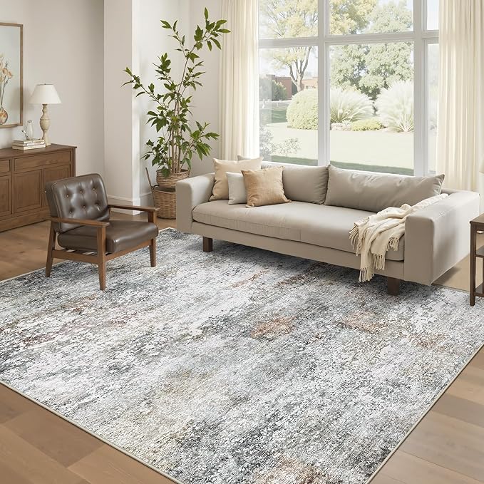 Art&Tuft Washable Rug, Anti-Slip Backing Abstract Area Rugs, Stain Resistant Rugs for Living Room, Foldable Machine Washable Area Rug(6'x9', Grey/Rust)