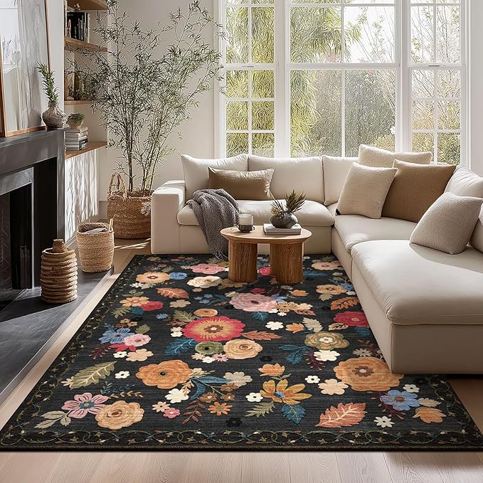 Machine Washable Bedroom Area Rug: 5'x7' Living Room Rug Floral Vintage Large Rugs Stain Resistant Non Slip Low Pile Faux Wool Soft Rug for Dining Room Bedside Kitchen Entryway Nursery Home Office