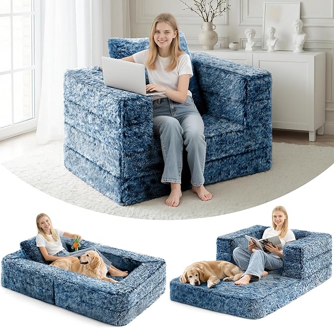 HABUTWAY Convertible Sofa Bed,3-in-1 Folding Futon Sofa Bed with Pillow, Foldable Sleeper Sofa Bed with Removable Cover,Plush Boneless Floor Chair Couch Lounge for Living Room,(Twin,Blue)