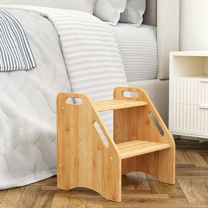 AMBIRD Wooden Step Stool, 15.75'' H Potty Training Toddler 300 lbs Capacity with Safety Non-Slip Pads and Handles, Kitchen Step Stools for Kids, Bamboo Step Stool for Bathroom, High Beds (Natural)