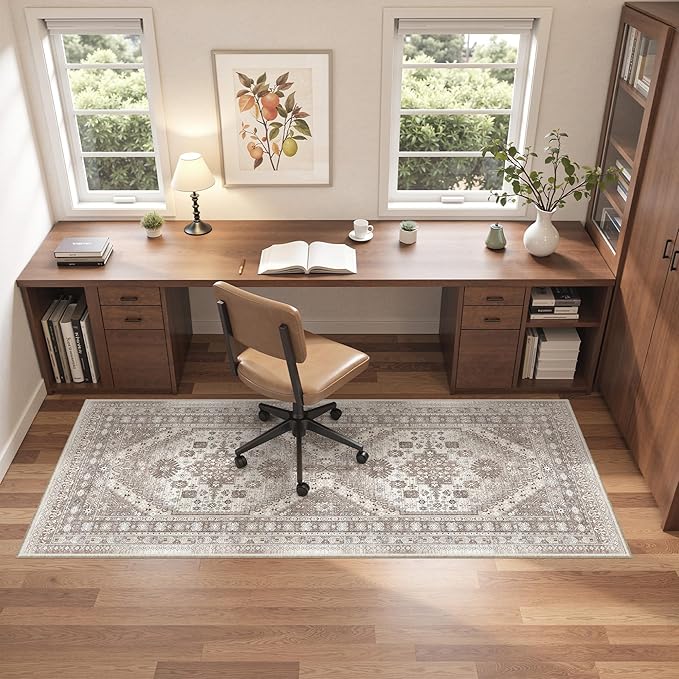 Washable Runner Rug 2x6 Hallway Runner Rug Ultra-Thin Kitchen Rug Non Slip Indoor Floor Foldable Carpet with Low Pile for Entryway Bathroom Laundry Room Living Room(Brown/Beige,2'x6')