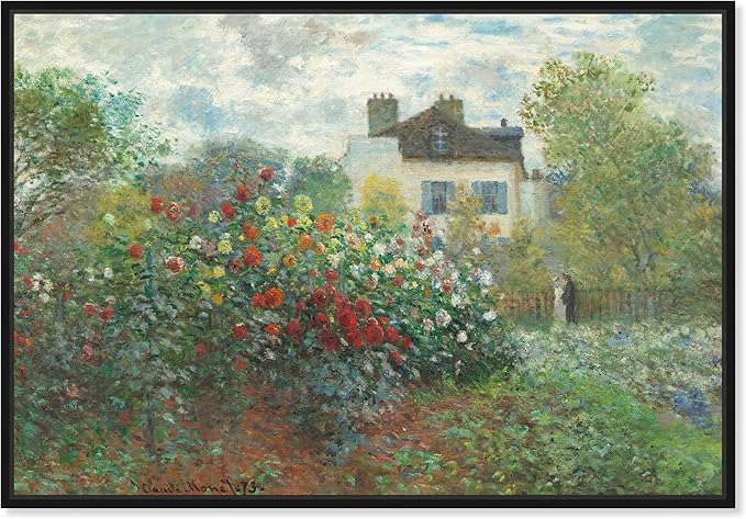 Art Remedy Monet-Garden With Dahlias Impressionism Classic Landscape Paintings Canvas Wall Art, Black Floater Frame, 36"x54"