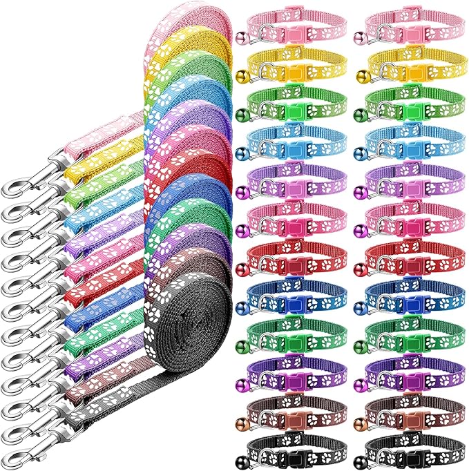 Amylove 48 Pcs Dog Collar and Leash Set, Polypropylene Adjustable Puppy Collars for Medium Dogs Small Pet Puppy Walking Training with Hook and Buckle(Multicolor,Paws Pattern)