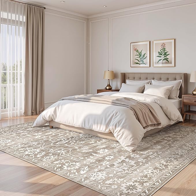 9x12 Washable Area Rugs for Living Room, Vintage Floral Stain Resistant Non-Slip Low Pile Natural Rug Soft Throw Large Carpet for Dining Room Bedroom Farmhouse Home Office Light Brown